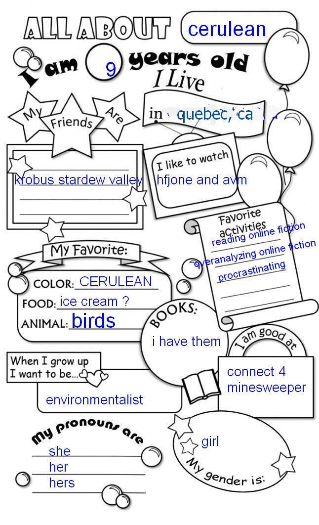 An image of a sheet designed for young children to fill out about themselves. It is full of black-and-white images like bubbles and balloons. It is filled out with blue text. The text reads: 'ALL ABOUT cerulean: I am 9 years old. My friends are krobus stardew valley. I live in quebec, ca.' quebec ca is poorly edited in. 'I like to watch hfjone and avm. My favorite color: CERULEAN, food: ice cream ?, animal: birds. Favorite activities: reading online fiction, overanalyzing online fiction, procrastinating. Books: i have them. I am good at connect 4, minesweeper. When I grow up I want to be... environmentalist. My pronouns are she, her, hers. My gender is: girl.'