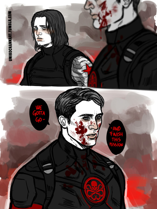 umikochannart:Please, wake up..AU where Hydra captures Steve too and makes him go on missions with B