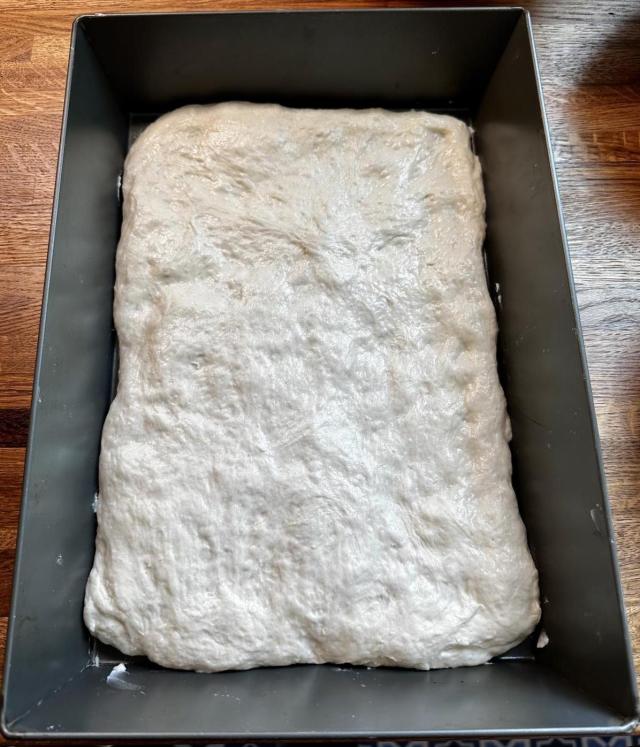 Pan with proofed dough in it.