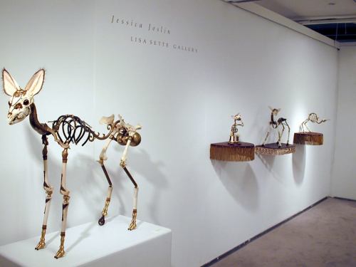 cross-connect:  Jessica Joslin transforms unexpected found objects such as bullet casings, old brass buttons, musical instrument parts, bones, and other nostalgic ephemera into skeletal animal figurines ranging in size from one inch to six feet. Her