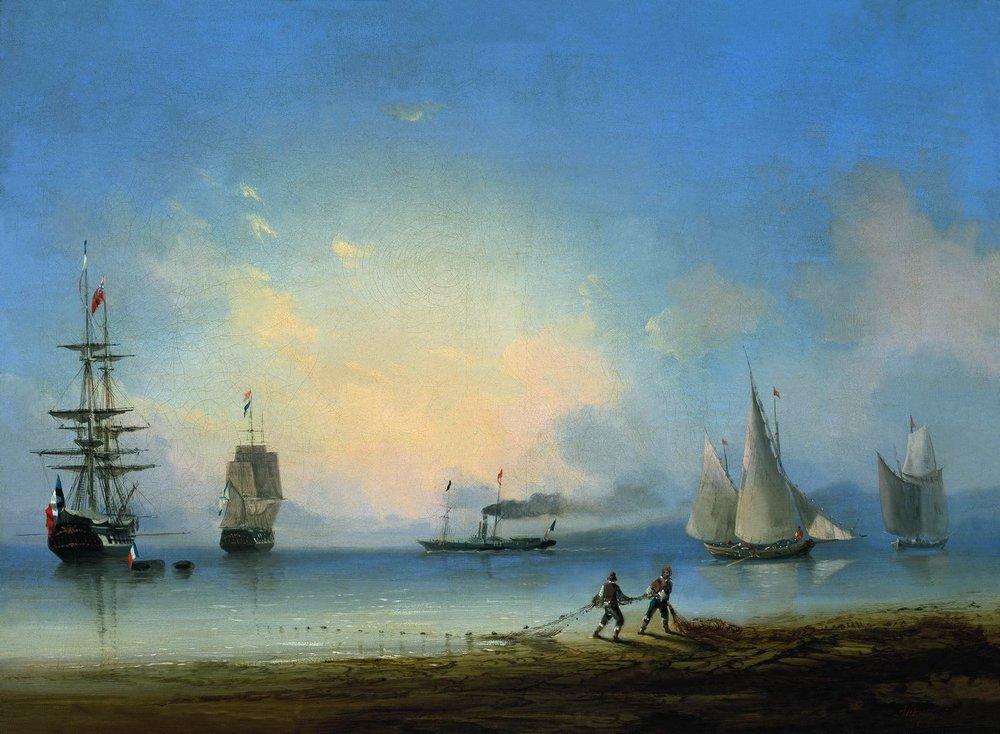 artist-aivazovski:
“Russian and French frigates, 1858, Ivan Aivazovski
”