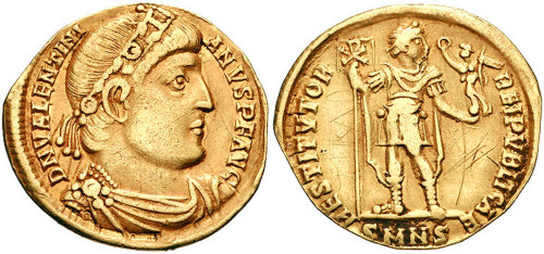 artofthedarkages: A Roman solidus with a bust of the emperor Valentinian I on the front and the empe