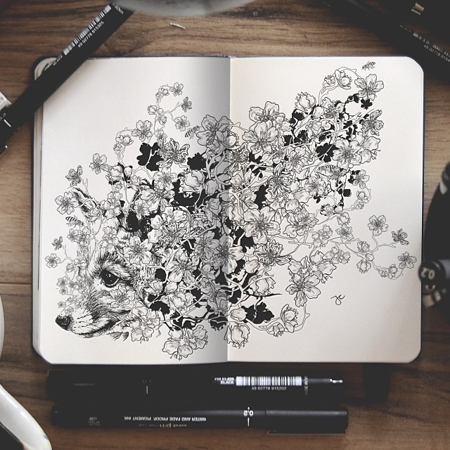 jedavu:  Surreal Hybrid Drawings Bloom and Burst Across Sketchbook PagesSelf-taught
