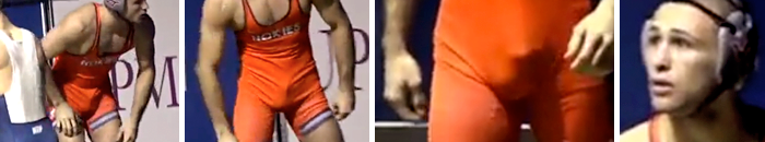 spylizard:  Overly-excited college wrestler stretches-out his singlet with a cute