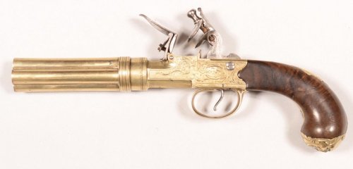 An engraved four barrel flintlock pepperbox revolver signed, “T. Probin”, late 18th, ear