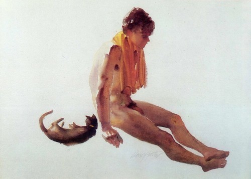petrpetrpetr: David Hutter:  Nude with Cat,   Watercolor