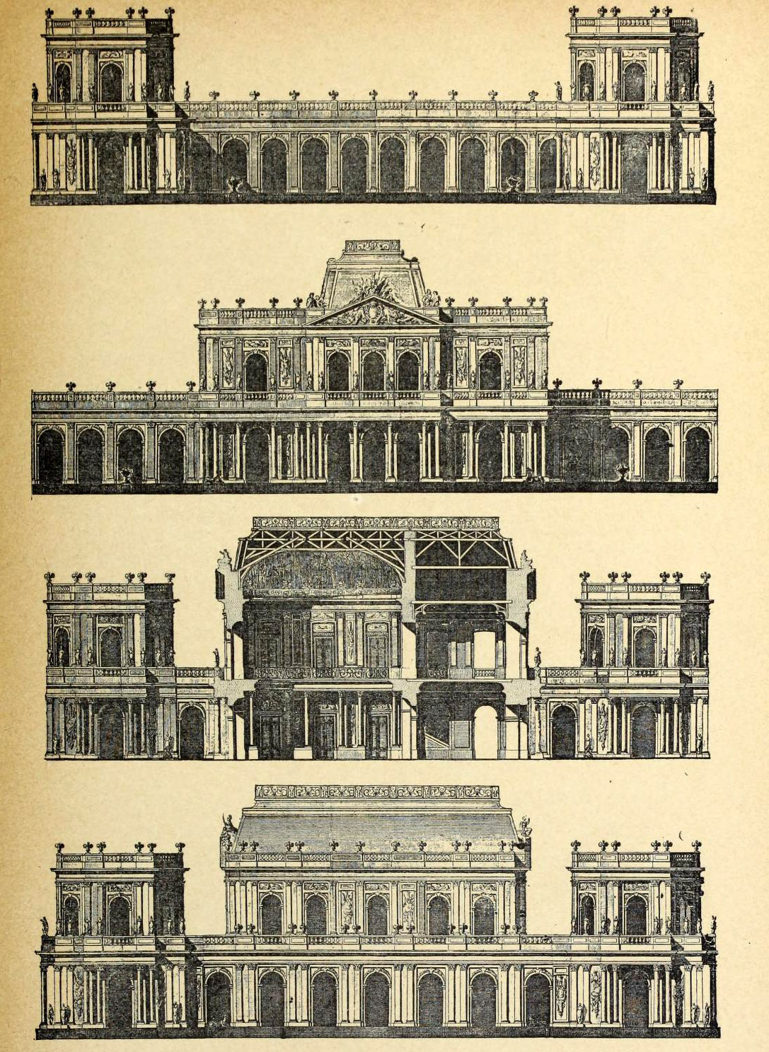 Elevations and sections for a Palais de Campagne of the 18th century, France