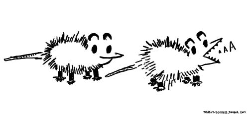 doomhope:trashy-doodles:two moods  [image description: A black and white drawing of two cartoon opossums. One is smiling and stepping on the tail of the other, who yells “AAA” End description.]