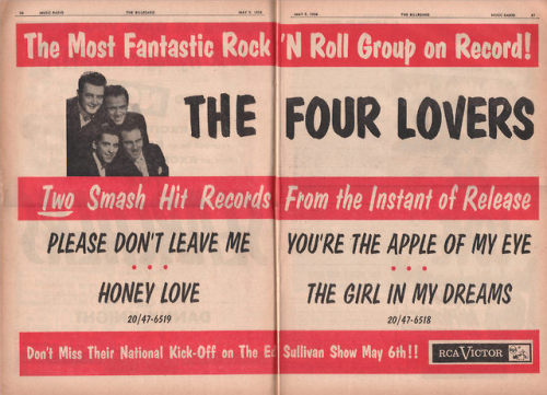 A two-page advertisement featuring The Four Lovers’ singles and their upcoming performance on the Ed