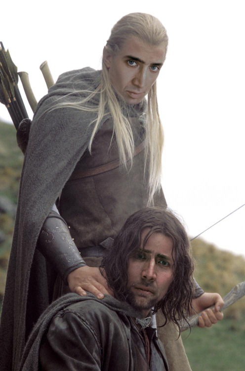 A dramatic moment of Nicolas Cage as Legolas and Aragorn from the Return of the Cage