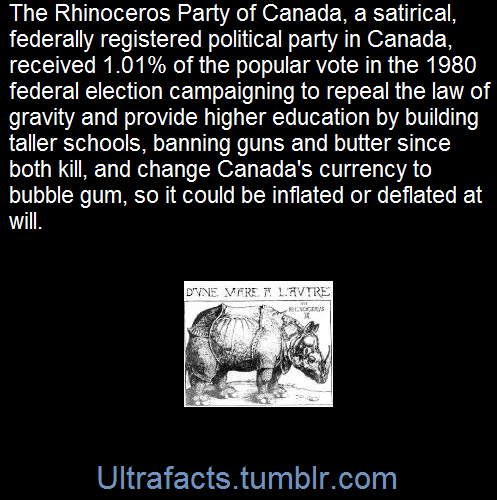 ultrafacts:The Parti Rhinocéros, commonly known as the Rhinoceros Party in English, was a registered political party in Canada from the 1960s to the 1990s. Operating within the tradition of political satire, the Rhinoceros Party’s basic credo, their