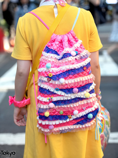 Mother-daughter duo Miwa and Miori wearing kawaii colorful Harajuku street styles with a handmade ba