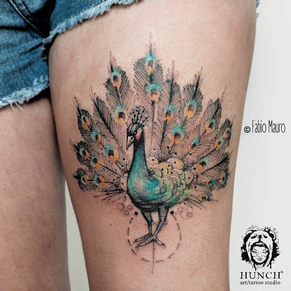 Sketchy style peacock tattoo on the left thigh.... - Official Tumblr page  for Tattoofilter for Men and Women