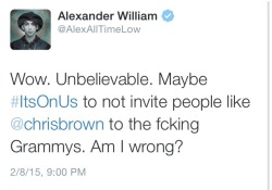 do-not-feed-the-animal:can we talk about this. Alex speaking up about Chris Brown being at the Grammys while they give a speech about domestic violence, something that not many people are comfortable talking about, much less a celebrity. Alex Gaskarth