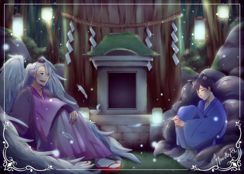 ghostlybl:  My piece for @yoifantasyzine!  Viktor is an albino tengu and Yuuri is a nine-tailed