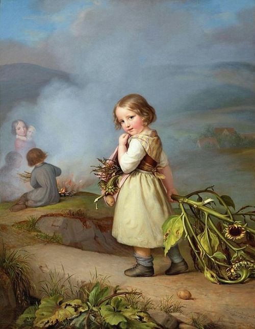 ~Girl onher way to cooking potatoes in the fire~ 1845August Vonder Embde (1780-1862)