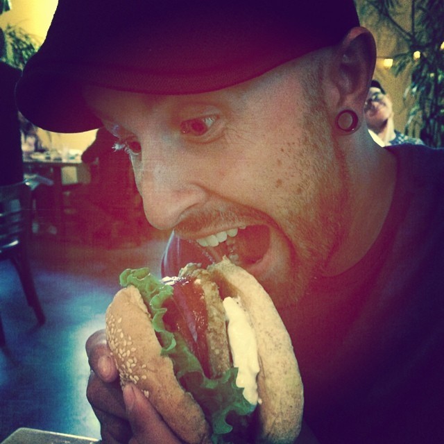 theveganzombie:  About to chomp on this monster veggie burger at Mother’s in Austin!