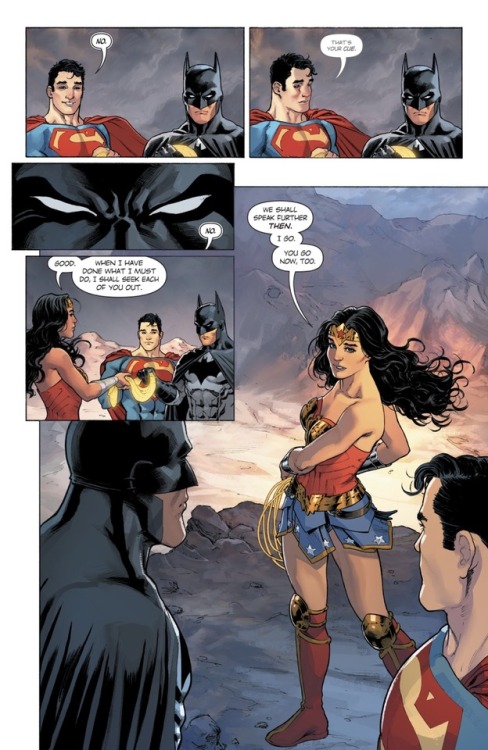 eisuverse:  nanashijones:  imjasontodd:  This is such iconic moment right here and I want to share it will all of you.  Superbat meeting Wonder Woman  Best Damn Writing and Art.  I like that even with the lasso of truth being held by Batman, to him, the