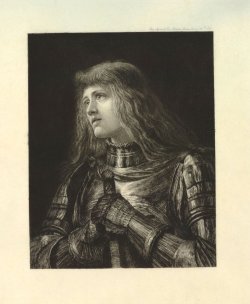 kriemhildsrevenge:  Painting by George Frederick Watts of his first wife the actress Ellen Terry (probably as Joan of Arc). 1881 Etching, printed on imitation vellum paper 