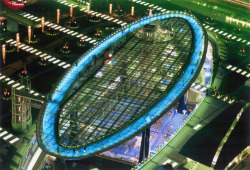 y2kaestheticinstitute:  Oasis 21 - Nagoya, Japan (2002)“The roof is a large oval glass structure that floats above ground level. It is filled with water to draw a pattern of uncountable ripples of light and to cool down the temperature of the shopping