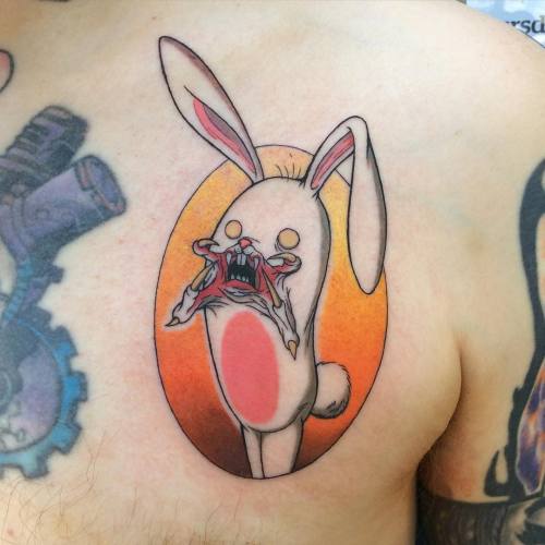 thekoreanhammer:  @alexpardee predator bun on @poopbird ! Super fun tattoo #alexpardee #rabbittattoo #bunnytattoo #predator #chesttattoo #painandwonder #athensgatattoo