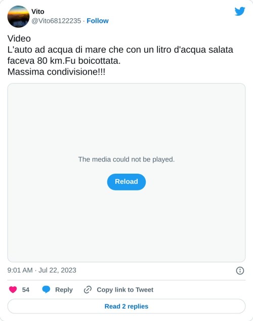 Video L'auto ad acqua di mare che con un litro d'acqua salata faceva 80 km.Fu boicottata. Massima condivisione!!! pic.twitter.com/AhGBScoLiB  — Vito (@Vito68122235) July 22, 2023