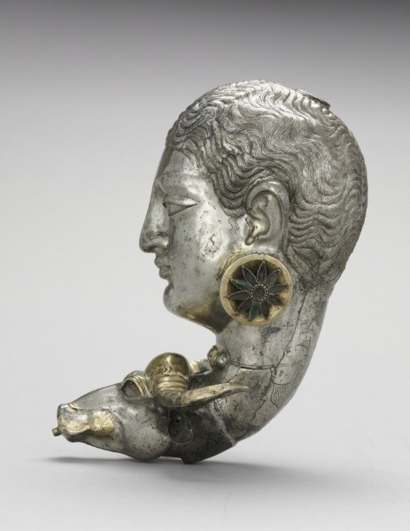Rhyton: The Buffalo-Slayer Goddess, ca. 600-700 CE. Iran, Sasanian. silver h: 7 ½ inches.