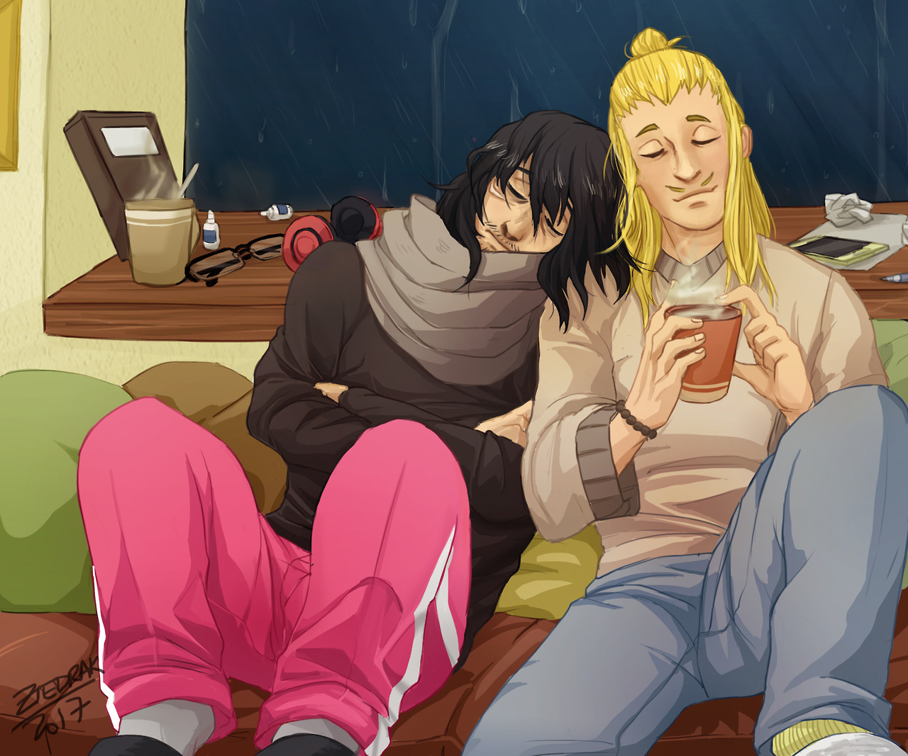 sketchyziedrak:Hizashi humming on rainy days with Aizawa falling asleep next to him