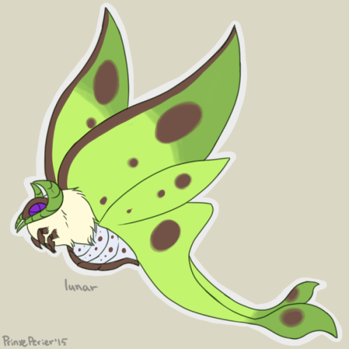 prinxeperier: Pokemon variants: Volcarona, the Sun Pokemon. Lunar-type is based on Luna moths, Rosy Nova-type is based on Rosy Maple Moths, and Eclipse-type is based on White-Lined Sphinx Moths.  (P.S. I love moths.) 