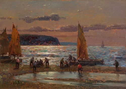 Fishermen and Boats on the Shore at Sunset -  Federico MorelloItalian, 1885-1945Oil on wood,  50 x 7