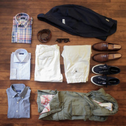 fromsqualortoballer:  I’m off for a quick spring trip - see you guys in a few days. 2x chinos 3x shirts blazer M-65 loafers sneakers belt shades See the rest here. 