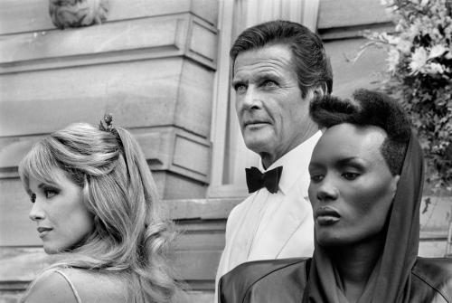 Tanya Robert, Roger Moore and Grace Jones in “A View To a Kill”, 1985