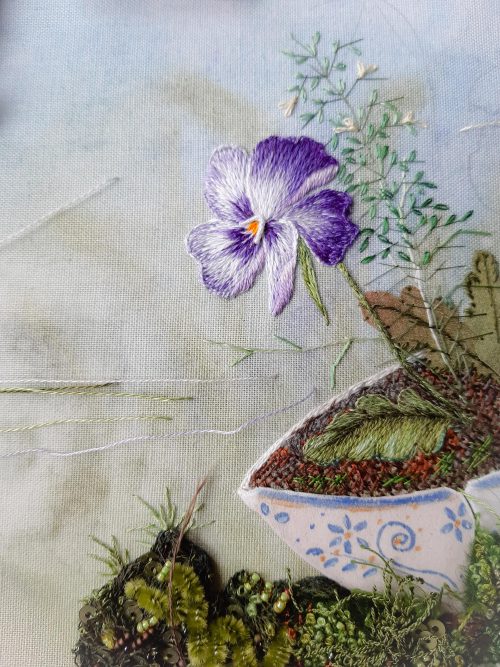 itscolossal:Whimsical Gardens Grow From Silk Teacups and Mossy Patches in Rosa Andreeva’s Embroideri