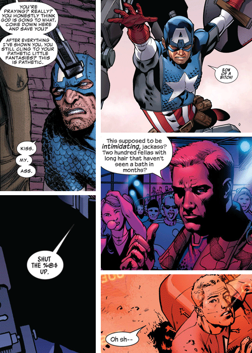elisedelasarah:Sarah’s list of Marvel characters: 1610 Steve Rogers- “You son of a bitch…that was cheating….” - “No, that was tactics.” 