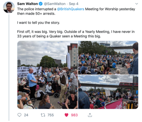 quakerism:Twitter thread by peace activist Sam Walton about police response to British Quakers prote