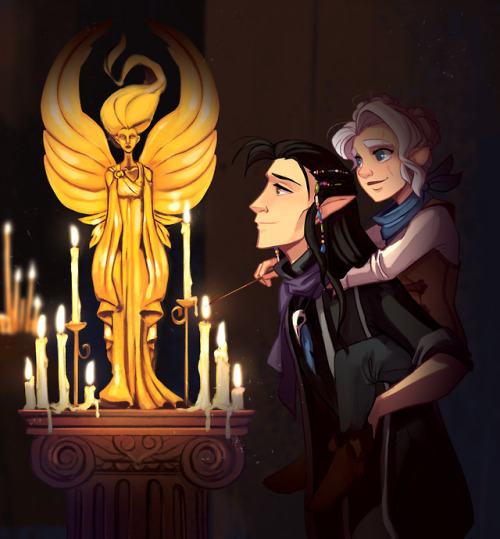 megzilla87:Holiday piece from last year!  Vax helping Pike in the temple of Sarenrae. [image descrip