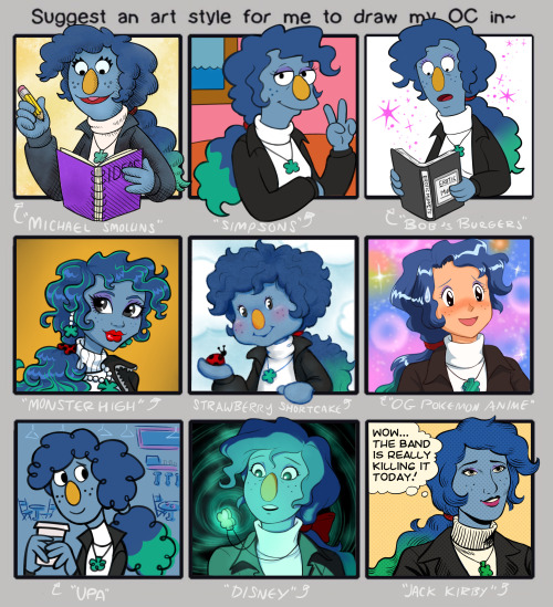 as a challenge, I recently drew my muppet oc marisol in various styles~ really to fun to imagine how