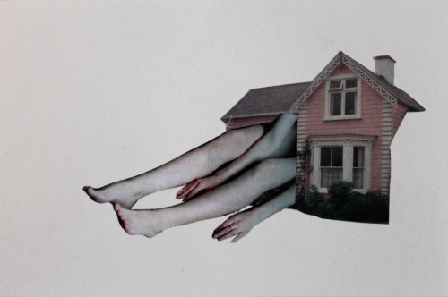 image of a collage artwork by Shanice Bloodbloom. In the center of a white page sits a pastel pink house with larger-than-life sized pale and nearly grey and blue legs and arms protruding out of part of the front to sit limply on the ground. The positioning of the photo suggests that the owner of the legs and arms is either a giant girl stuffed into the house or the house itself. The photo has a grainy quality and is slightly drained of color.
