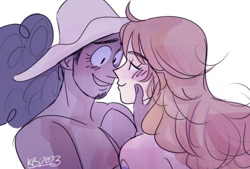 Colored illustration of post-timeskip Usopp and Nami, looking into each other's eyes. Usopp is holding Nami's face as she looks at him with a sly little smile. It's a bust/shoulder up drawing. Nami is in profile, while Usopp is at more of a 3/4 angle. It's signed KB 2023 on the left-hand side, on top of Usopp's shoulder.
