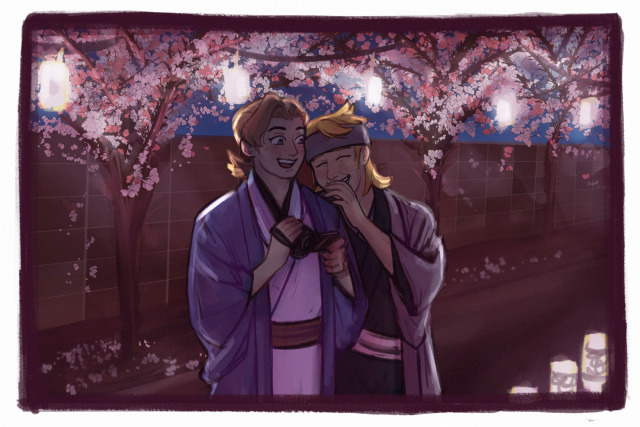 a scene with Morty and Eusine from pokemon heartgold and soulsilver standing by a brick wall and trees adorned with cherry blossoms. In the tree hand lanterns which are glowing brightly in the evening time. They are wearing traditional Japanese clothing, styled in kimonos. Eusine is mostly purple while Morty's is mostly black. Eusine is on the left, smiling with his mouth open and looking at Morty. Eusine is holding on his right hand a handheld camcorder, with the screen open in his left hand. Morty is on the left, leaning into his shoulder, eyes closed and laughing. He is covering his mouth with his left hand.