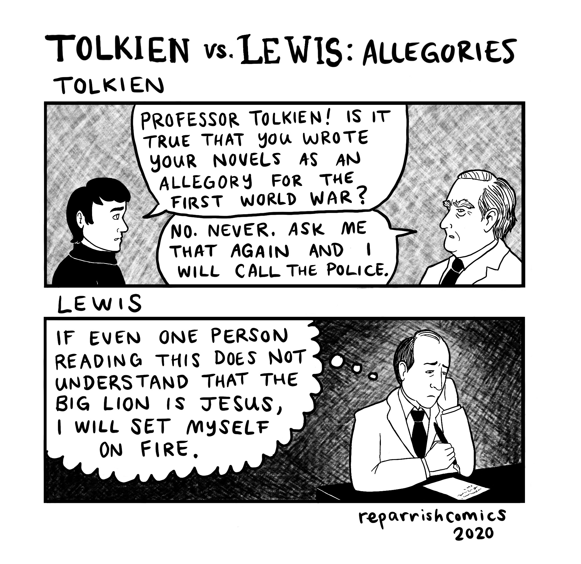 Viñeta cómica sobre la interpretación alegórica de las obras de Tolkien y Lewis