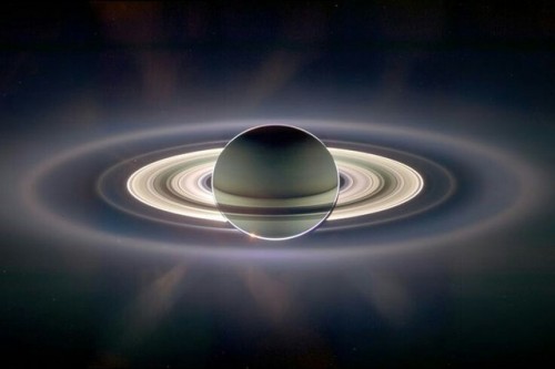 Saturn backlit by the Sun. Photographed by NASA&rsquo;s Cassini Probe.