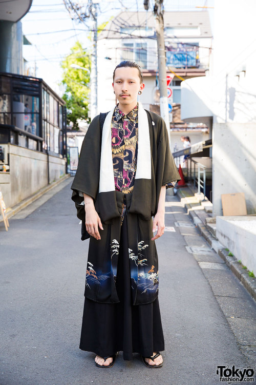Nagi on the street in Harajuku wearing a vintage kimono along with other vintage and handmade items 