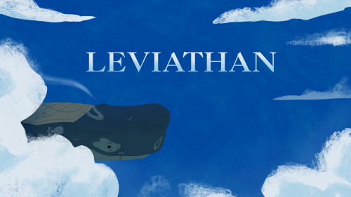 A digital illustration of a bright blue sky with fluffy white clouds. The head of a large flying whale peeks out from behind one of the clouds. The word LEVIATHAN is overlaid on the sky.