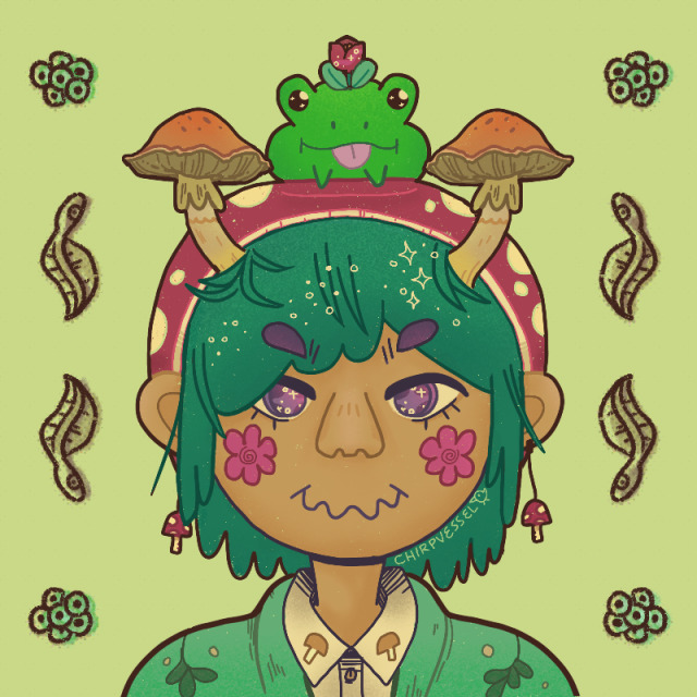 bog prince #artists on tumblr #forestcore#swampcore#bogcore#naturecore#mushroom art#frog art#digital art #i know the tulip doesnt really belong but theyre in bloom now and make me happy