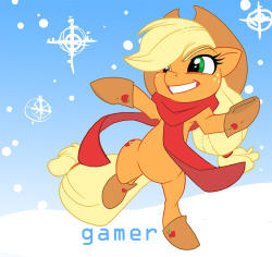 thegamercolt: Applejack :3 doing her Winter dancing :3 us earth ponies know how to dance :3 Cute scarf shes got on btw   &lt;3