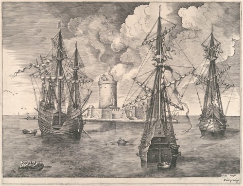 Four-master and Two Three-masters Anchored near a Fortified Island (from Hieronymus Cock’s The