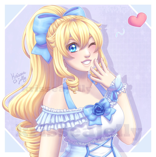 A waist-up digital art piece featuring a girl with blonde hair tied in a ponytail that curls at the end. She has blue eyes and wears a dress with off-the-shoulder ruffles, wrist cuffs, and a corset-like tie on the torso. She is winking with a big smile and a little heart floating beside her.