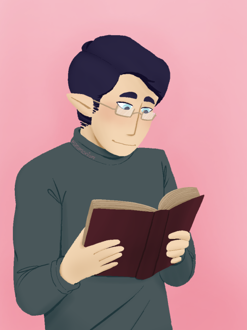 [id: a waist-up, semi-lineless drawing of a half-elf man with short, dark blue hair, pale blue 