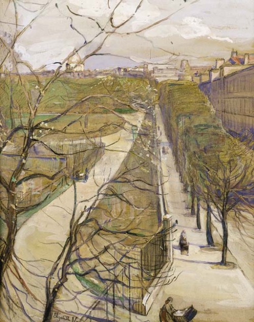 View of the Luxemborg Gardens, Paris, Elizabeth Nourse. American (1859 - 1938)- Charcoal, Watercolor